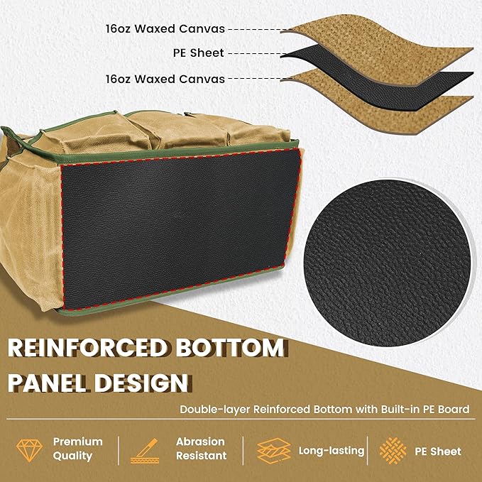 Canvas Tool Bag, 16OZ Waxed Canvas Tool Tote Bag with Metal Zipper & 12-Pocket Design, Multi-Purpose Garden Tool Storage Tote for Electrician Gardener Plumber | Khaki | 14.5"L x 7.5"W x 10"H