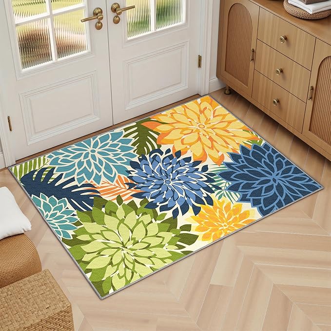 Arenarug 2x3 Colorful Washable Small Rug Tropical Botanical Modern Floral Indoor Chenille Door Mat Carpet Non Slip for Patio, Entry Way, Entrance, Porch, Green