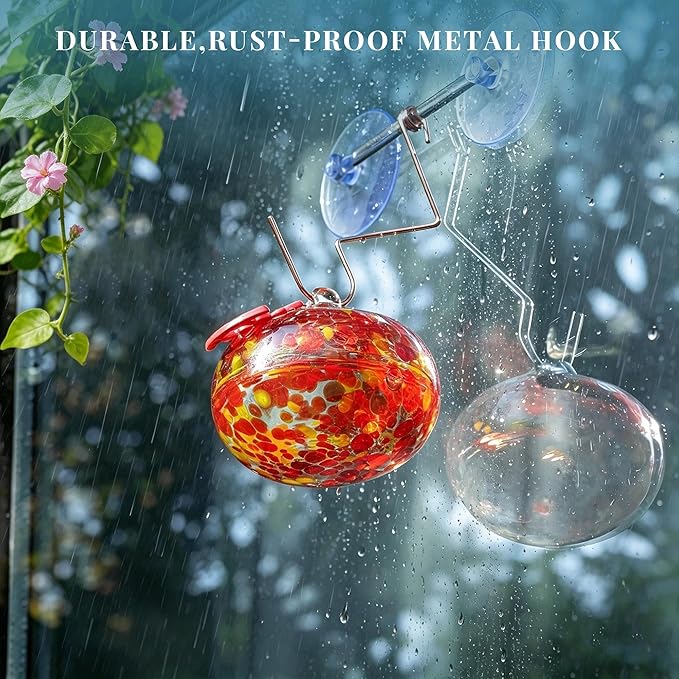 QFkris Blown Glass Hummingbird Feeder with Suction Cups for Window, Small Hummingbird Feeder with Flower Feeding Ports for Outside Garden Backyard Decor, Gifts for Women Mom(Orange)