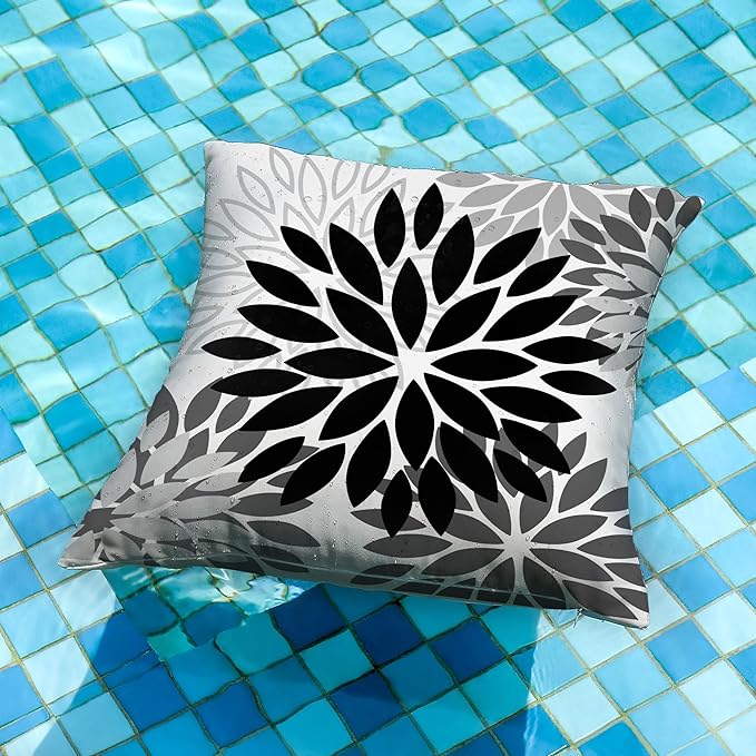 DFXSZ Black Grey Flower Pillow Covers 18x18 Inch Set of 2 White Gray Colored Throw Pillows Outdoor Waterproof Decor for Living Room Sofa Patio Funiture Garden Floral Polyester Pillow Covers 002I18