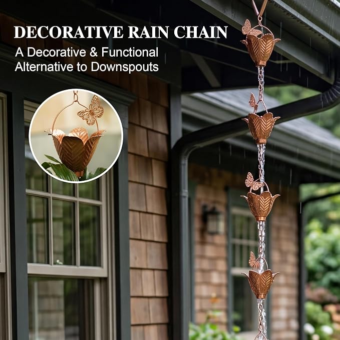 Topadorn Butterfly & Flower Rain Chain, 8.7 FT Copper Finish Metal Rain Chain for Gutters, Decorative Downspout Alternative for Garden, Patio & Yard Decor