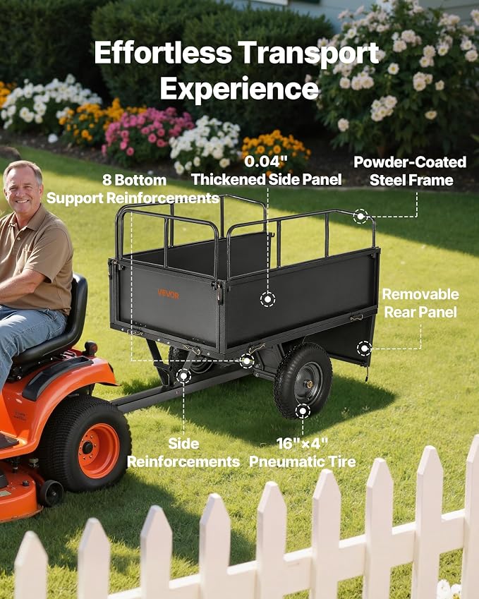 VEVOR Heavy Duty ATV Trailer Tow Behind Dump Cart, 17 Cu.Ft. 600lbs Capacity, Pull Behind Steel Yard Wagon Dump Trailer for Tractor Lawn Mower Garden with 16in Tires