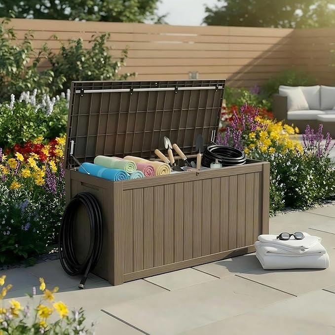 180 Gallon Resin Deck Box with Lockable Lid - Outdoor Waterproof Storage for Patio Furniture, Garden Tools, Cushions & Pool Accessories, All-Weather Wood Grain Design