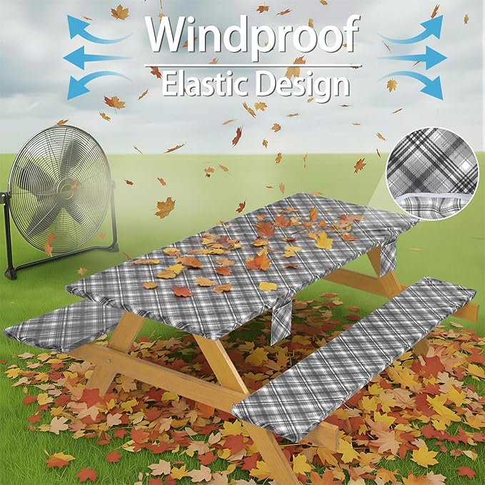 Fitted Waterproof Picnic Table Cover with Bench Covers Heavy Duty Elastic Outdoor Camping Tablecloth for 6 Foot Rectangle Tables Summer Rv Accessories Patio Garden Road Trip Essentials Gifts