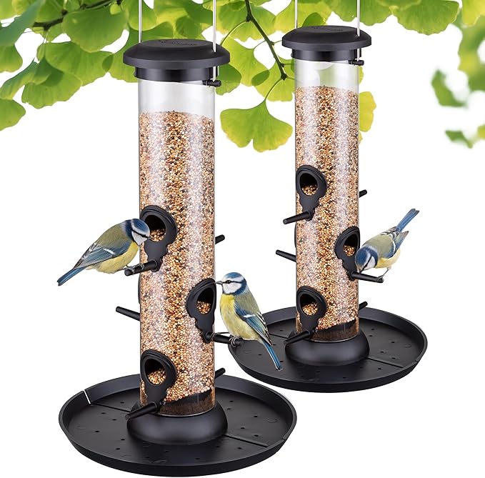 Bird Feeders for Outdoors Seed Catcher,6 Port Wild Bird Feeders with Tray,Bird Feeders for Outside Hanging for Cardinal 13 Inch,Black,Pack of 2