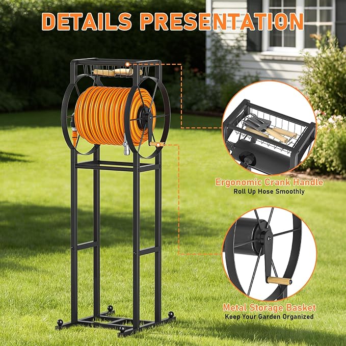 Garden Hose Reel Stand with Storage Rack - 125ft 5/8" Water Hose Organizer Holder, 4 Ground Spikes & Hooks, Universal Water Hose Adapter, Detachable Metal Frame, Black