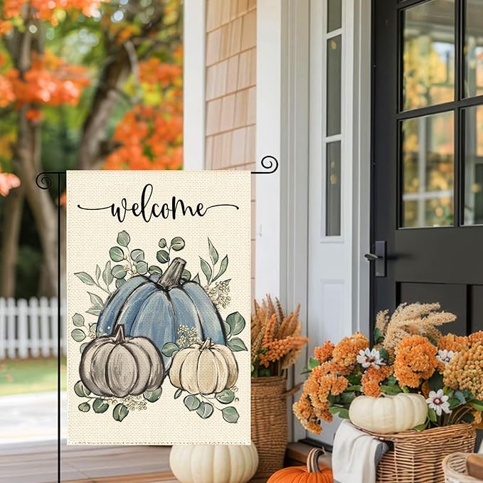 Fall Thanksgiving Harvest Blue Pumpkin Garden Flag 12 x 18 Inch, Autumn Grateful Burlap Double Sided Welcome Small Flag Yard House Farmhouse Seasonal Holiday Patio Outside Decoration