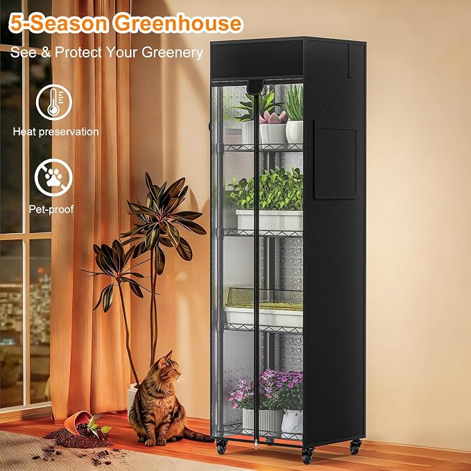 Small Greenhouse for Indoors, 5 Tier 15.7" L×11.8" W×62.3" H | adjustable shelves，Portable Greenhouse with Wheels， Metal Shelf，for Growing Flowers and Seedlings