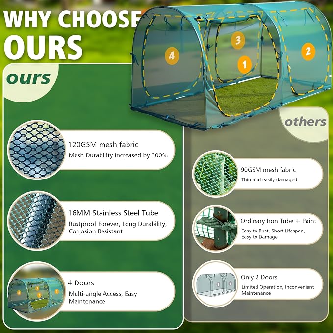 8.2'x4'x4' Crop Cage, Portable Tunnel Plant Netting Cover Tomato Netting, 4 Roll-Up Zipper Door Garden Cage, Bug Netting Cover for Vegetables & Fruits, Durable Raised Garden Bed Covers
