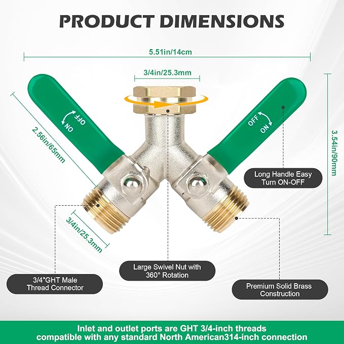 Love Is War 2 Way Y Garden Hose Splitter, 3/4" GHT Thread Brass Hose Connector, High Flow Outdoor Faucet Splitter for RV Yard Garden Watering