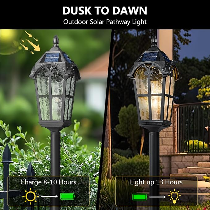 Emliviar Solar Pathway Light with Water Grain Glass Shade, 46 Inch Classic Post Lamp with Round Base in Black Finish, Portable Floor Lamp for Outdoor Travel, LED Bulb Included, YXE302PL-ML SL BK