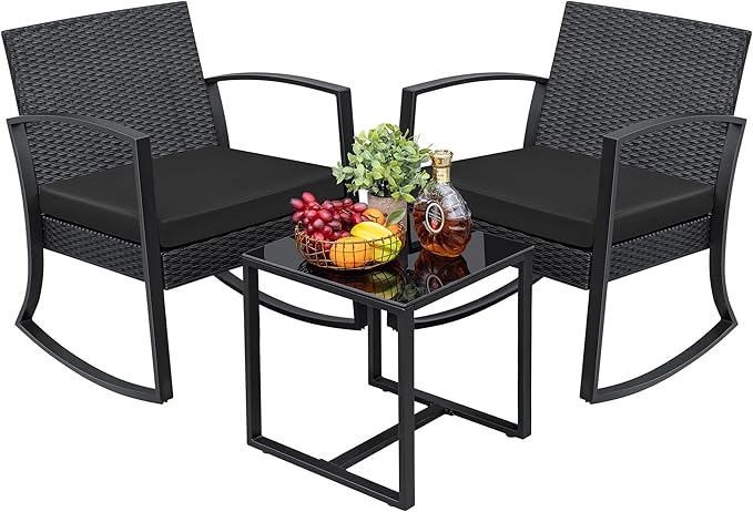 Greesum 3 Pieces Outdoor Furniture Set Patio Bistro Rocking Chairs with Glass Coffee Table for Pool Beach Backyard Balcony Porch Deck Garden, Dark Black
