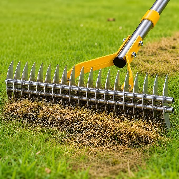 Thatch Rake for Lawns - 15" Heavy Duty Dethatching Rake with Sharp Carbon Steel Tines, 2-in-1 Manual Dethatcher & Scarifier for Dead Grass, Moss & Thatch Removal, 55" Adjustable Long Handle