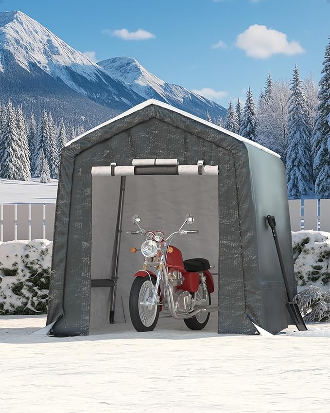 GarveeHome 6x8 FT Outdoor Portable Storage Shed Tent with Roll-up Zipper Door &Vent, 240G Heavy-Duty Portable Carport, Waterproof UV-Resistant Storage Sheds for Motorcycle Generator Bike Storage, Gray