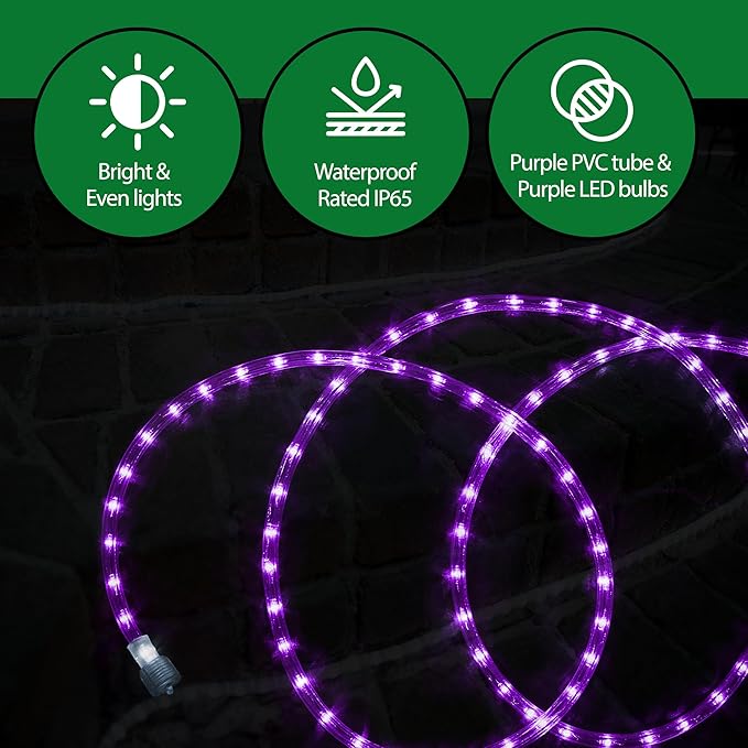 Tupkee LED Rope Light Purple - for Indoor and Outdoor use, 24 Feet (7.3 m) - 10MM Diameter - 144 LED Long Life Bulbs Rope Tube Lights