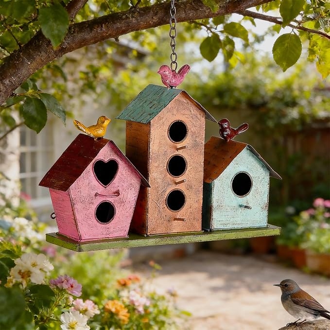 Large Bird House for Outside, 3-Room Metal Birdhouse with Easy Clean Door | Vintage metal bird house with 3 rooms, perfect shelter for finches, wrens and cardinals, featuring a handy clean door
