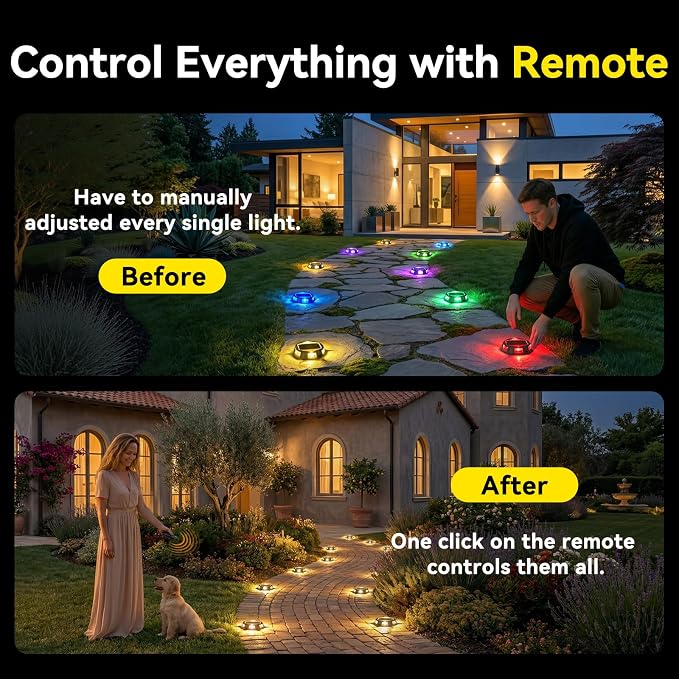 AGPTEK Round 12 Modes 9 in 1 Solar Driveway Lights with Remote Control 4 Pack-30H Runtime, IP67 Waterproof, 3-Ton Load Capacity, RGB Color Changing Outdoor Lights for Patio, Garden, Deck, Dock, Step