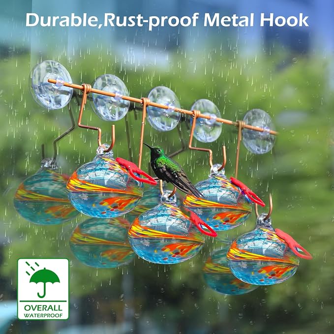 Pozfun Set of 3 Hummingbird Feeders for Outdoors Hanging,Hand-Blown Glass Hummingbird Feeder with Silicone Feeding Perch,Never Leak,Gardening Gifts for Woman Man