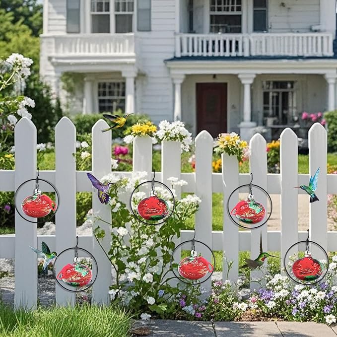 Headak Life Flexible 6 Pack Hummingbird feeders for Outdoors Hanging Ant and Bee Proof,Detachable Hand Blown Glass Hummingbird Feeder with 6 Adjustable Silicone Perch(Red)