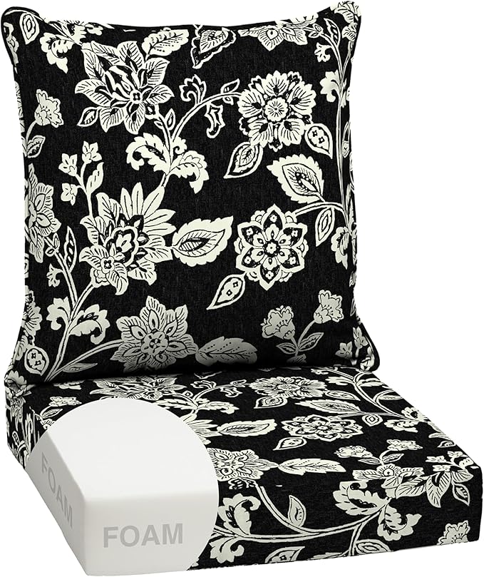 Arden Outdoor Foam Deep Seat Cushion Set, 24x24, Premium High-Density Foam, Never Flattens, Weather-Proof for Patio Chair Sofa Couch, Ashland Black Jacobean