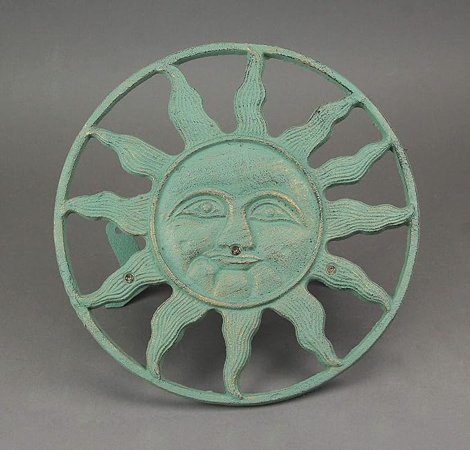 Verdigris Green Finish Cast Iron Sun Face Decorative Wall Mounted Garden Hose Hanger - 12 Inches in Diameter - Simple Installation -75 Foot Capacity Hose Holder