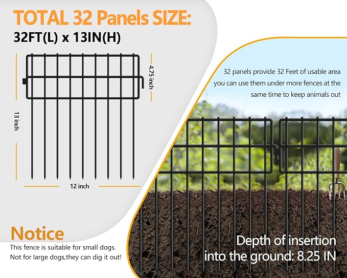 32 Panels Animal Barrier Fence No Dig, 32ft(L) X 13in(H) 1.2in Gap Rabbit Fences Ground Defense Border Small Metal Fencing, Dog Blocker Under Barriers for Garden, Flower Bed, Patio
