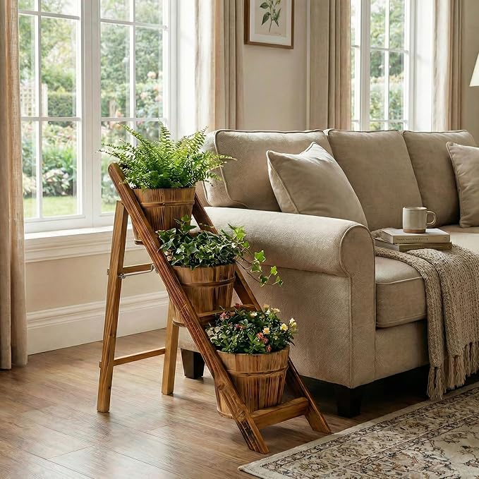 Rustic Foldable 3-Tier Wooden Planter - Space-Saving Vertical Plant Stand for Indoor/Outdoor (Patio, Balcony, Living Room)