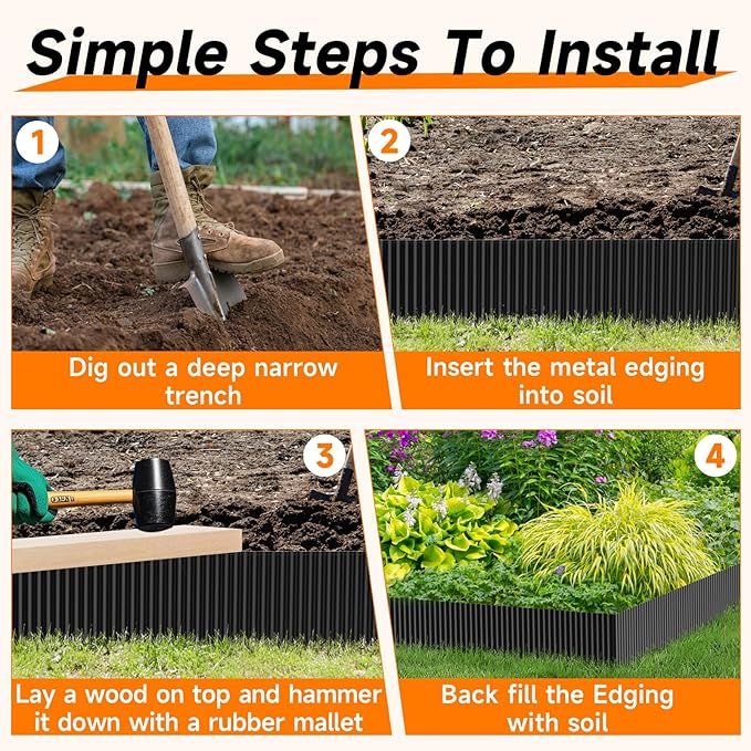 Corrugated Garden Edging,12"×20Ft Galvanized Steel Landscape Edging & Lawn Edging Border,Metal Garden Border for Flower Beds,Garden,Lawn,Raised Beds & Tree Surrounds(Black)