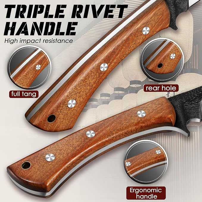 Freelander Japanese Style High Carbon Steel Machete with Red Sandalwood Ergonomic Full Tang Handle and Wood-Leather Sheath, for Camping, Hiking, Yard Work, and Survival, Gifts for Men Women