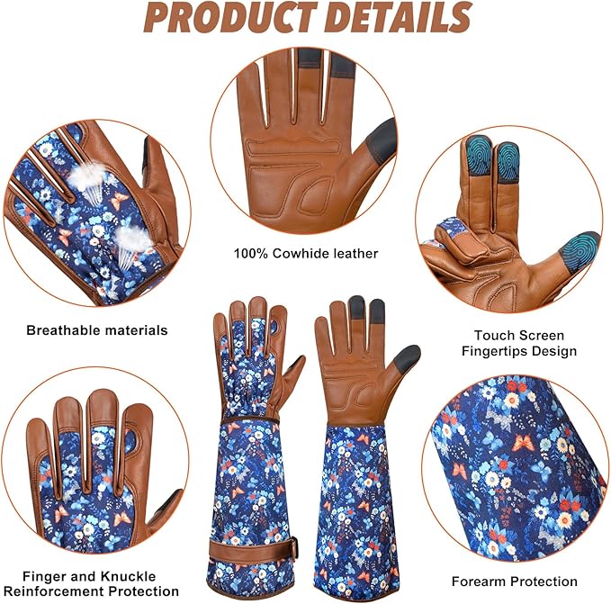 DLY Gardening Gloves for Women, Rose Gloves Thorn Proof, Long Garden Gloves for Women, Breathable Cowhide (Small, Brown)