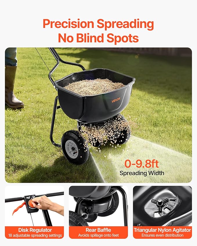 VEVOR Walk Behind Spreader, 60LBS Capacity, Push Spreader with 0-9.8 ft Spreading Width, 8 in All Terrain Pneumatic Tires, Garden & Lawn Broadcast Spreaders, for Seed, Fertilizer