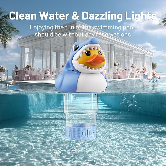 Doli Yearning Solar Pool Chlorine Floater for 3inch Tablets, Duck-Shark Chlorine Tablet Floater with Light, Auto Light up at Night for Pool, Hot Tub
