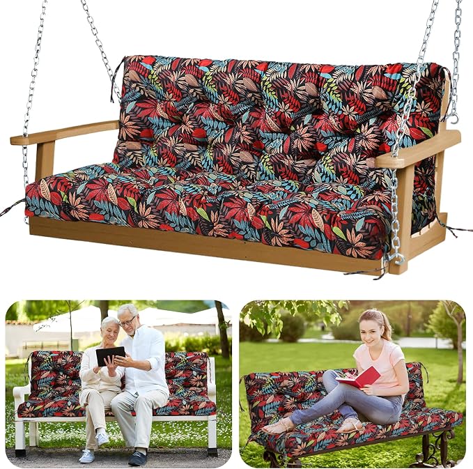 Porch Swing Cushions Outdoor 60 inch Waterproof Thicken 5" Swing Cushions Replacement with Backrest and Ties for Outdoor Furniture Porch Patio Garden Lawn (Floral Pattern)