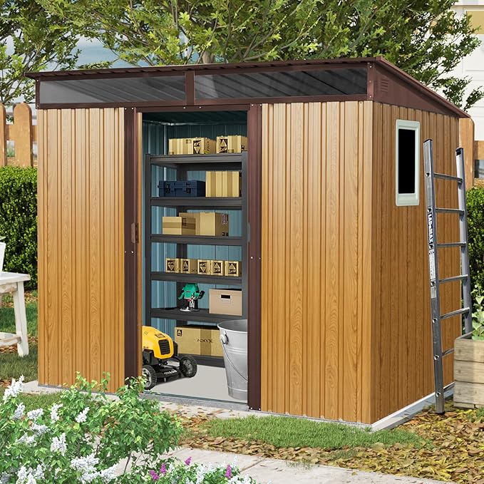 Ball & Cast 8x6 FT Outdoor Metal Storage Shed,Waterproof Garden Organizer Tool House with Window and Foundation,Shelter Cabinet w/ 2 Transparent Panels Vents & Lockable Sliding Door,for Patio,Coffee