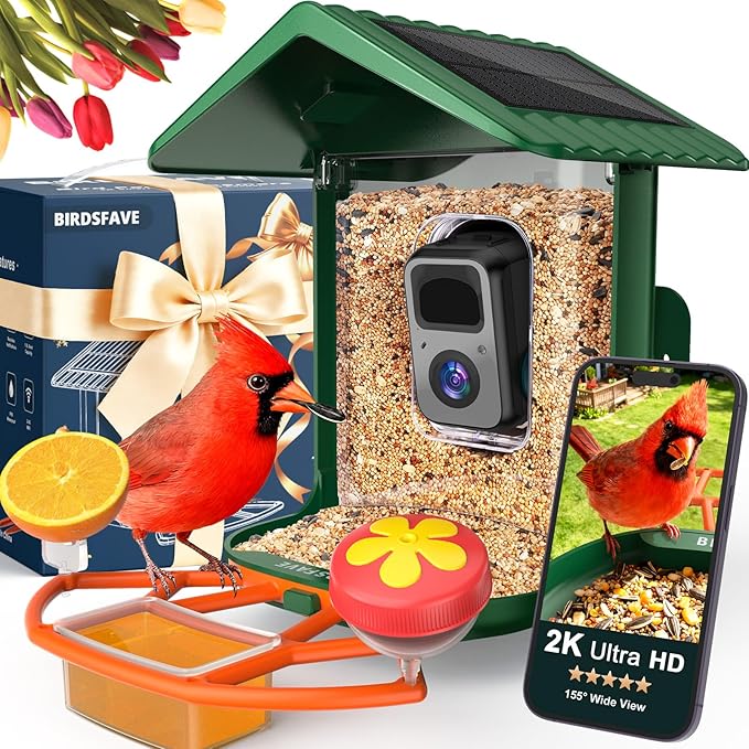 Bird Feeder with Camera Solar Powered, 2K Live Arrival Alert Auto Capture Video with 32GB TF Card, AI Identify Smart Camera Bird Feeder Ourdoor Backyard Gift for Mom Dad Birdlover, 2.4G WiFi
