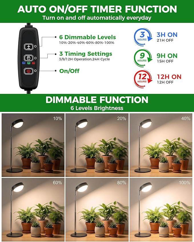 Plant Grow Light, Full Spectrum Grow Lights LED Spotlight with Metal Base, Desk Plant Growing Lamps with Auto On Off Timer 3/9/12H, 6 Brightness Levels, 9.8-25.6'' Adjustable Height