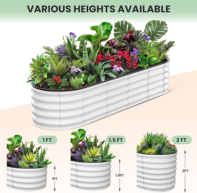 CABIHOME Garden Raised Garden Bed Kits, 8x2x1 ft Metal Raised Planter Bed, Open-Ended Base Garden Boxes Outdoor Galvanized Planter for Vegetables Flowers Rubber Edge, White