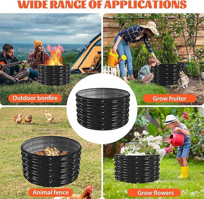 YSEJOMP 32 Inch Round Galvanized Fire Pit Ring/Fire Ring - Foldable and Perfect for Outdoor Gatherings and Campfires in The Yard/Garden/Park/Beach (Black+Gray, 2.7 FT Diameter+1.5 FT Tall)