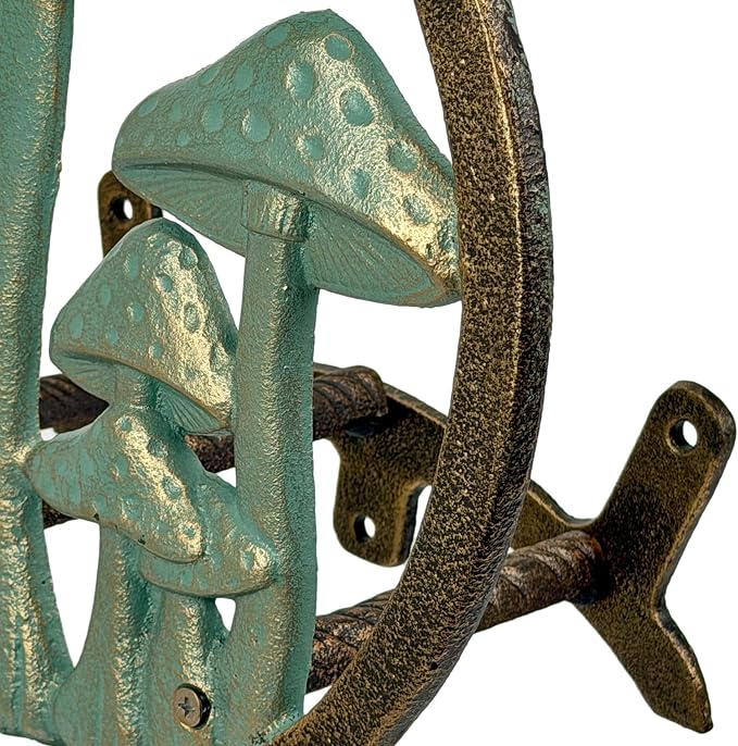 Zeckos 11.75 Inch Cast Iron Mushroom Garden Hose Holder, Verdigris and Bronze Outdoor Hose Hanger with Matching Hardware for Porch, Patio, Fence or Yard Wall Decor and Garden Hose Storage