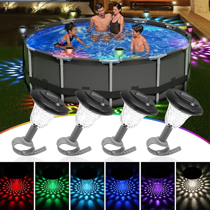 BITIWEND Solar Pool Lights for Framed Above Ground Pools, 4 Pack RGB Lights Waterproof Swimming Pool Accessories Lights, for Outdoor Pool Yard Garden Decoration Night Light