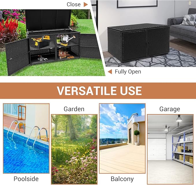 Giantex Rattan Deck Box Outdoor&Indoor 88 Gallon Wicker Storage Bench W/Separate Storage Shelf, Openable Door, Steel Fram, Tools Storage for Patio,Garden, Balcony, Porch, Yard Storage Box (Black)