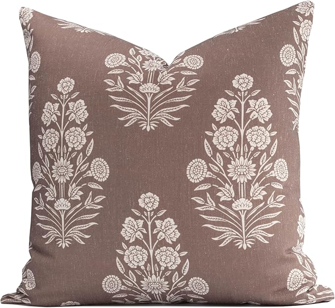 Crumbs Home Modern Farmhouse Fall Linen Indoor Outdoor Throw Pillow Cover Only, 20"x20" Water Repellent for Patio, Backyard, Couch, Cocoa Brown Ivory Cream Floral