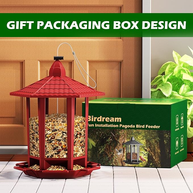 Birdream 2 Pack Bird Feeders for Outdoor Hanging, Retro Pagoda Design Fun Installation Bird Feeder, Attracting Wild Birds Chickadees Goldfinches Cardinals Finches and Sparrows - Red
