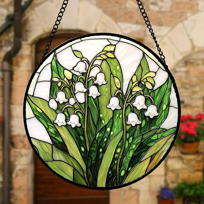 DASTOLL Stained Glass Window Hanging, Lily of the Valley Flower Sun Catchers Colorful Glass Panel Green Plants Suncatcher Decor for Birthday for Women,Men,Wife, Lovers, and Mom 6.3 in