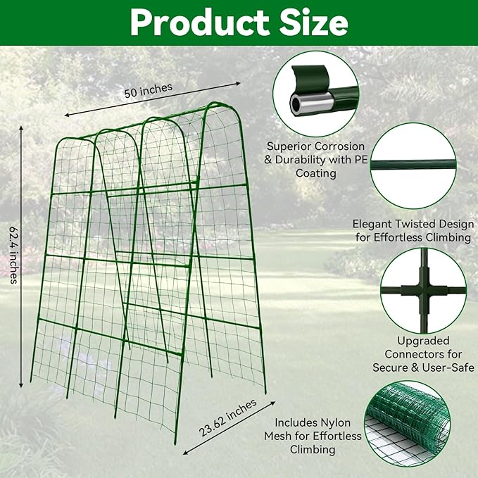 Cucumber Trellis - 62.4"*50" Cucumber Trellis for Raised Bed with Plastic-Coated Steel Pipe, U-Shape Garden Trellis for Climbing Plants, Garden Trellis for Cucumbers, Beans(Green)