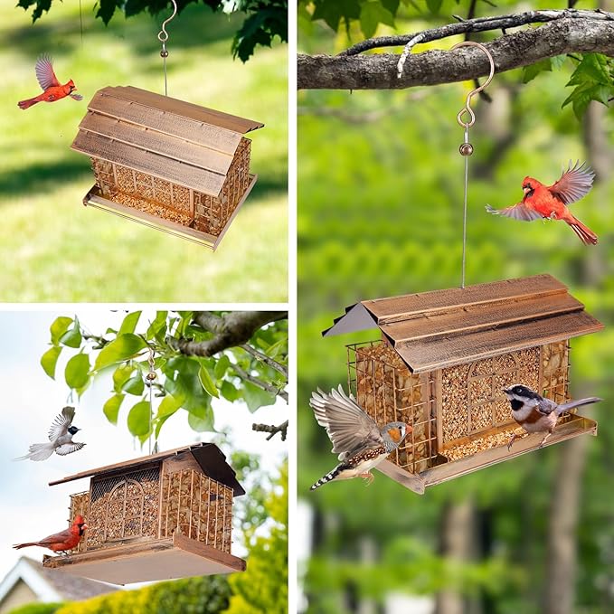 Bird Feeder for Outdoors, Metal Bird Feeder Hanging, 3.8LB Large Capacity with Double Suet Cages, Rainproof Roof, Attracts Cardinals, Finches, Blue Jays, for Backyard & Garden