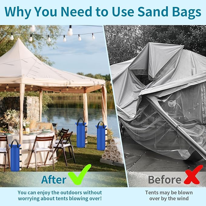 4 Sand Bags for Weight, Heavy Duty Sandbags for Canopy Legs, Extra Large Pop Up Tent Weights, Canopy Weight Bags for Gazebo, Outdoor Sun Shelter, Umbrella - Blue, 6"×20", Without Sand