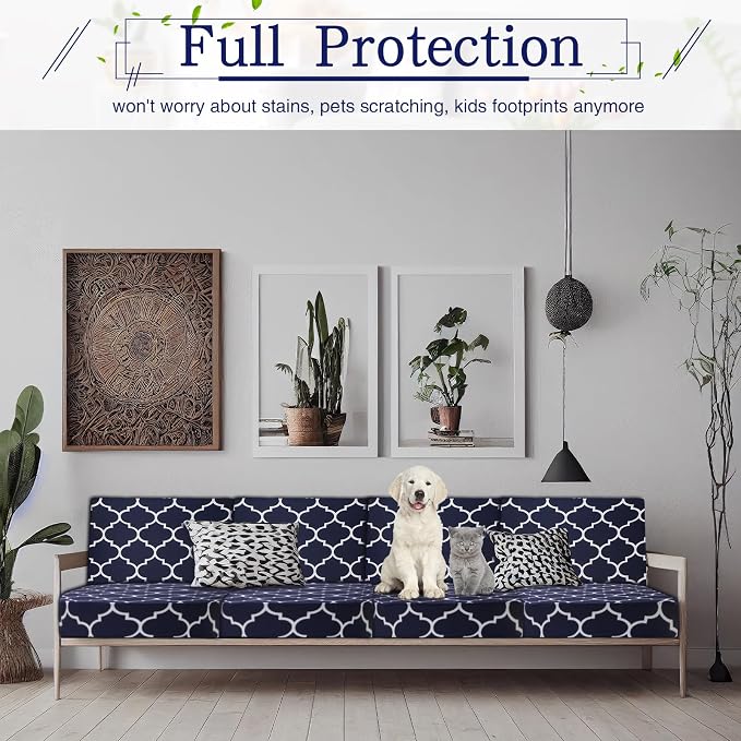 Newwiee 12 Pcs Patio Cushion Covers Outdoor Stretch Sofa Couch Cover Replacement Couch Slipcover Sofa Seat Chair Porch Patio Furniture Protector, Flexibility Washable(Navy Blue,Moroccan)