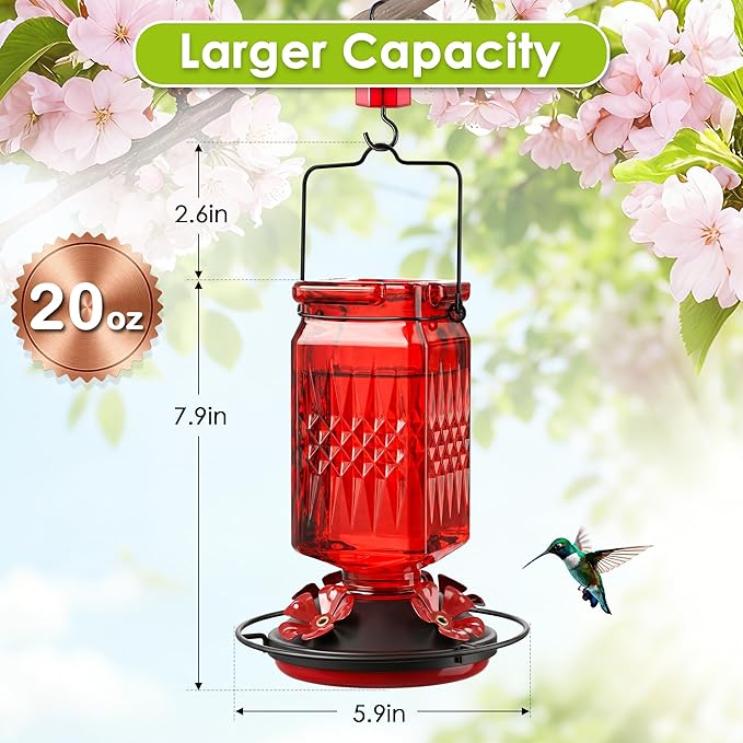 20oz Glass Hummingbird Feeder for Outdoors Hanging, Bird Nectar Feeder with 4 Bee Guard Flower-Shaped Feeding Ports & Built-in Ant Moat, for Bird Lover, Red (1 Pack)