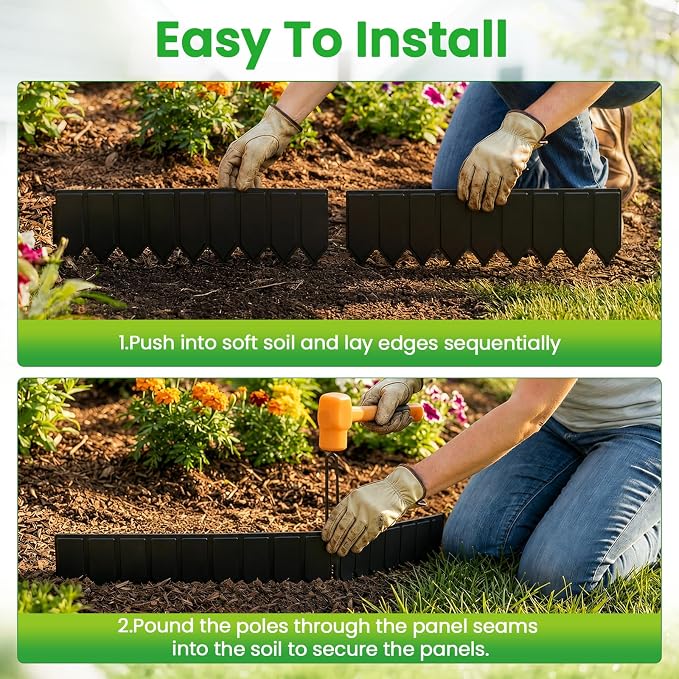 15 Panels Modular Metal Garden Edging 3.2in (H) x 20 ft (L)–Landscape Edging with 16 Stakes, Adjustable 0-270°for Curved Lawn & Flower Bed Borders, No Dig Metal Edging for Landscaping (Black)